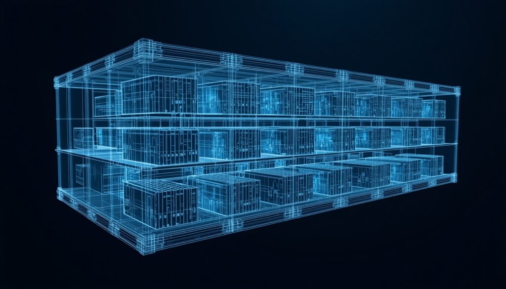A 3D digital library archive with glowing cyan and gold data folders, representing structured long-tail keyword targeting for medical content.