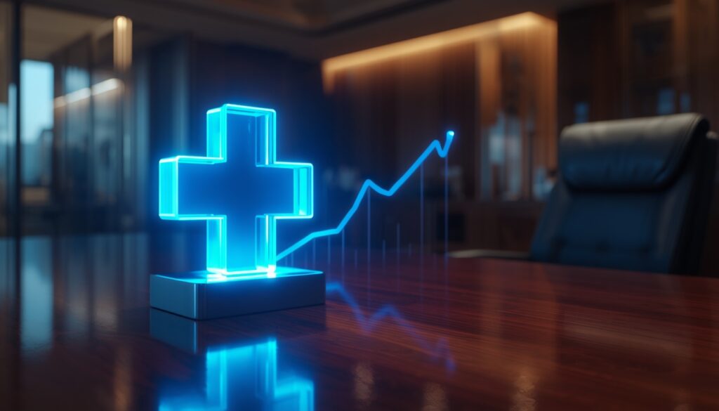 A glowing digital medical cross and upward graph symbolizing Google ranking growth through medical SEO services.