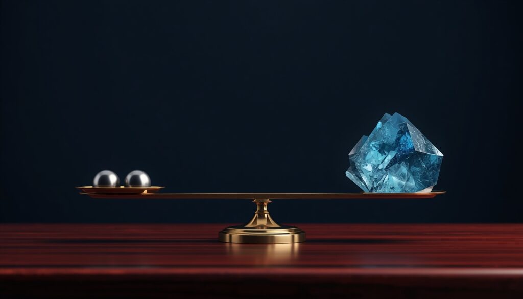 A gold scale balancing premium cyan crystals, representing attracting high-value patients to medical spas through digital marketing.