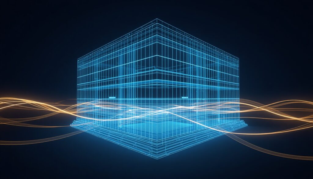 A 3D wireframe of a medical spa clinic illuminated by cyan and gold light trails, representing long-term data-driven growth strategies.
