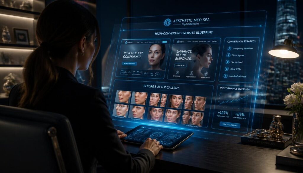 A professional analyzing a holographic digital blueprint of website layouts and before-and-after galleries in cyan and gold, representing medical spa website conversions.