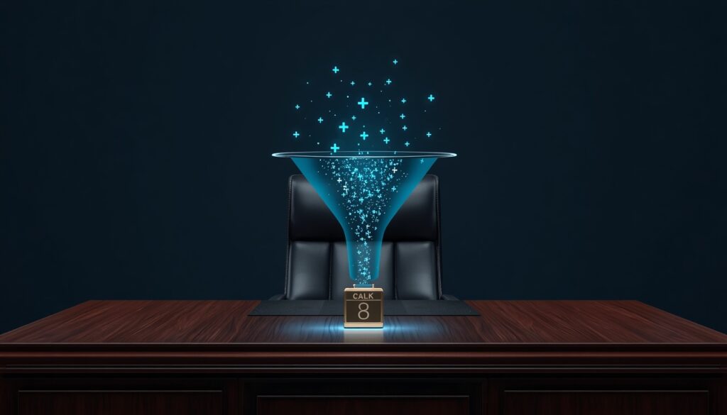 A holographic digital funnel showing website traffic converting into booked patient appointments, representing healthcare website conversion optimization.
