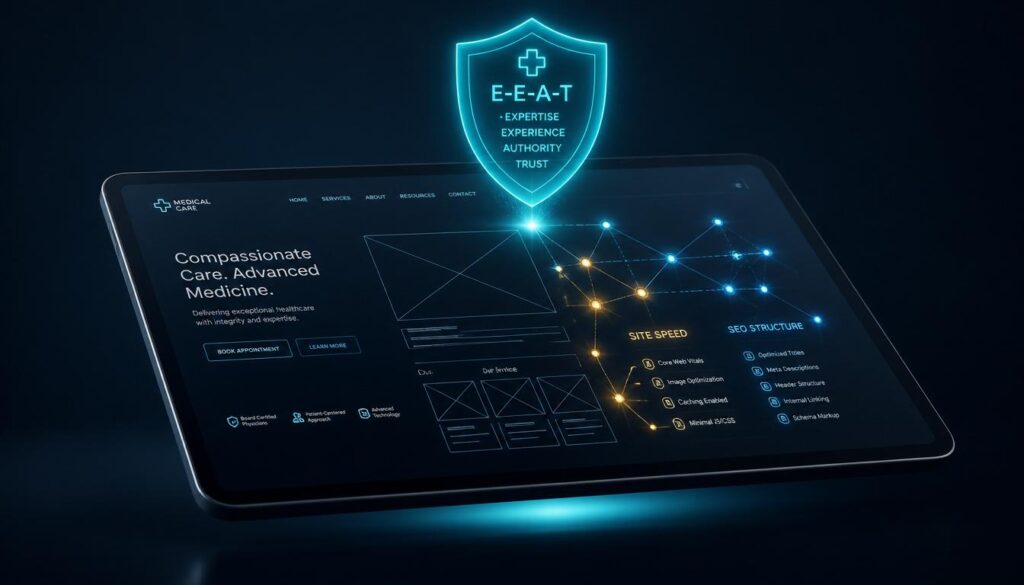 A digital tablet showing a medical website design with a glowing cyan shield, representing SEO authority and trust for doctors.