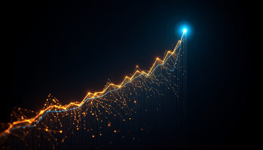Abstract fiber-optic light trails forming an upward-trending cyan and gold analytics graph, visualizing website performance tracking and growth for medical practices.