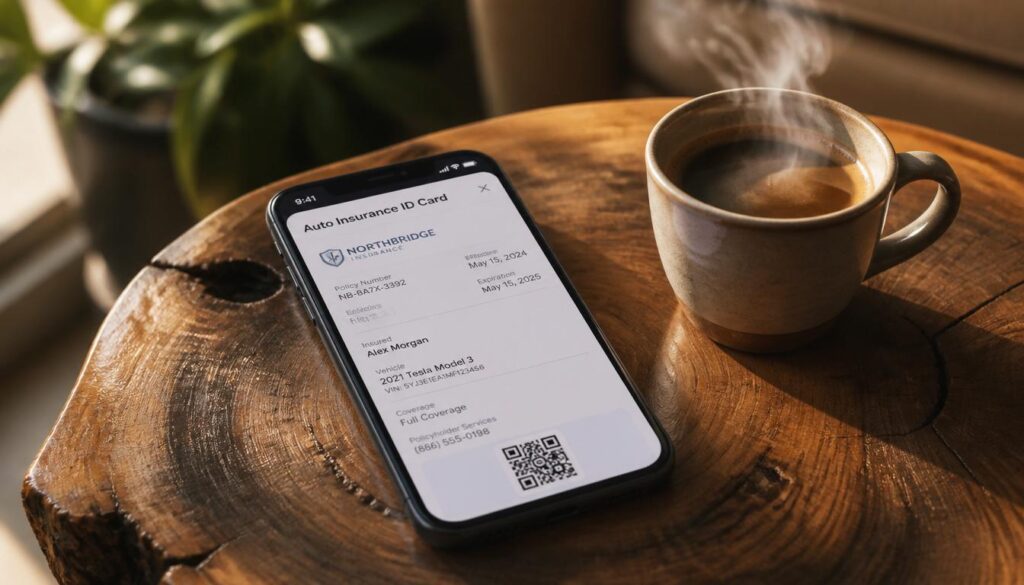 A smartphone displaying a digital insurance ID card next to an espresso, representing seamless, mobile-first millennial insurance touchpoints.