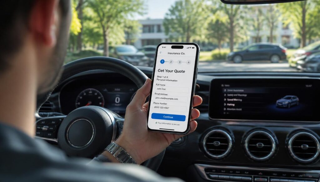 A driver in a parked car using a smartphone to complete a simplified, mobile-friendly auto insurance quote form.