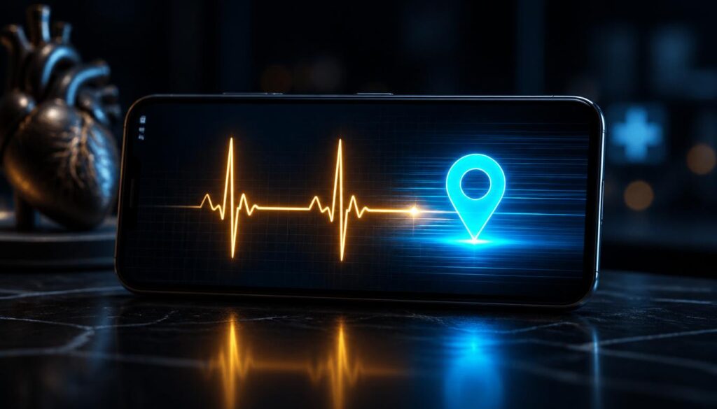 A smartphone displaying a gold EKG wave turning into a cyan map pin, representing fast mobile-first website optimization for urgent cardiology searches.
