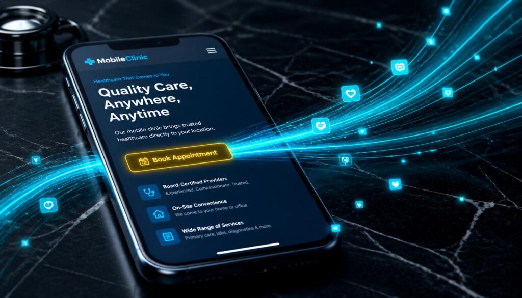 A smartphone displaying a fast mobile-optimized clinic website with a gold booking button, visualizing mobile-first design for medical practices.