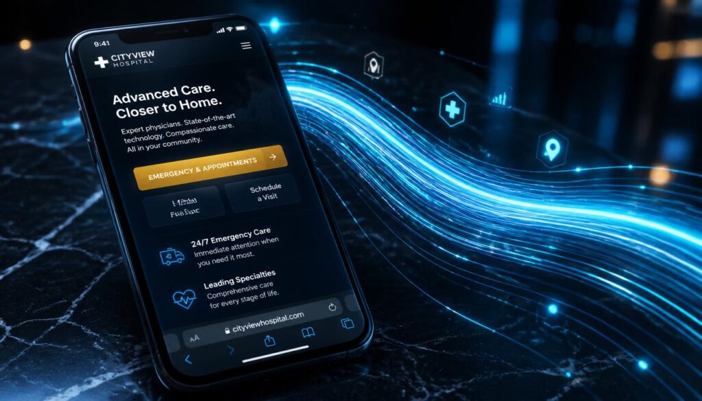 A smartphone displaying a fast, mobile-optimized hospital website with a gold appointment button, visualizing mobile SEO performance.