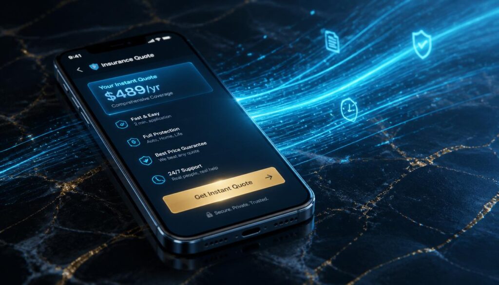 A smartphone displaying a fast, mobile-optimized instant insurance quote tool with a gold button, visualizing seamless user experience and pricing transparency.