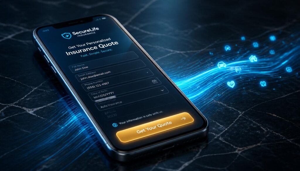 A smartphone displaying a fast, mobile-optimized insurance quote form with a gold button, visualizing seamless UX design and lead conversion.