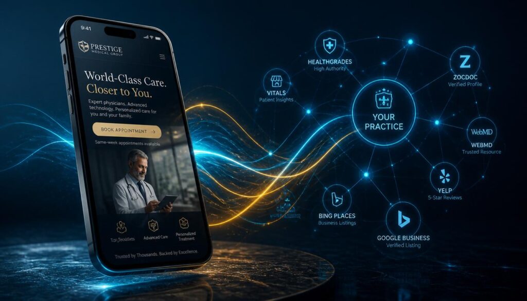 A modern smartphone displaying a mobile-optimized medical website, surrounded by cyan and gold digital links representing directory consistency and mobile SEO.