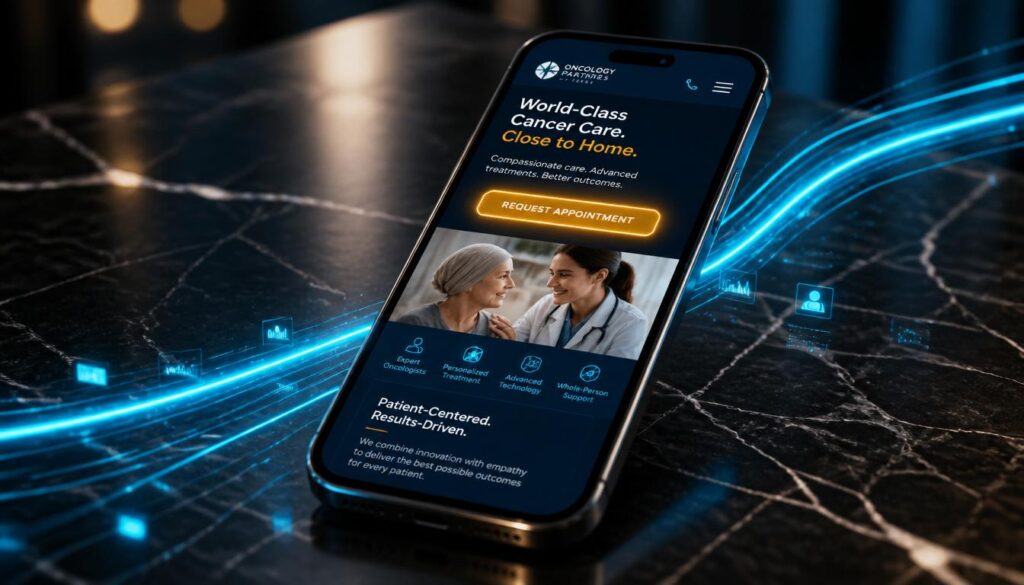 A smartphone displaying a fast mobile-optimized oncology clinic website with a gold appointment button, visualizing mobile-first design and patient trust.