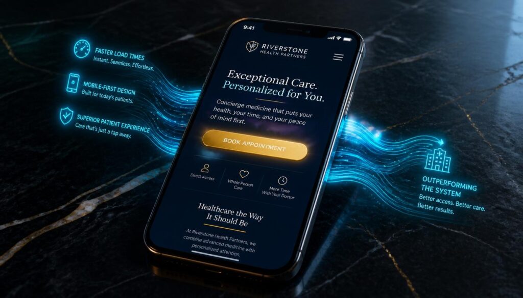 A smartphone displaying a fast, mobile-optimized private practice website with a gold appointment button, visualizing mobile-first design and patient experience.