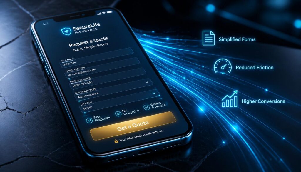A smartphone displaying a fast, mobile-optimized short insurance quote form with a gold button, visualizing reduced friction and lead conversion.