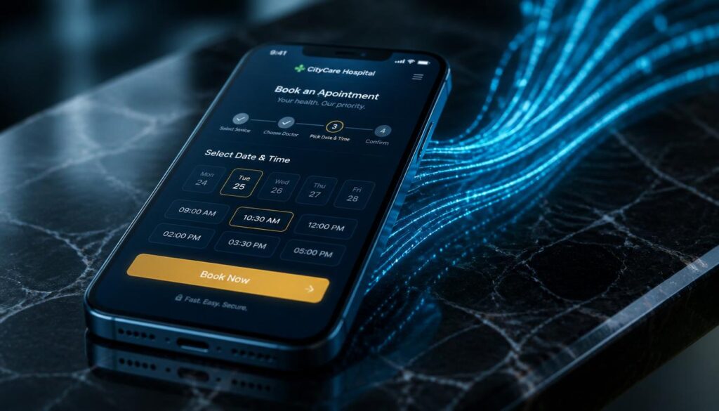 A smartphone displaying a fast, mobile-optimized hospital appointment scheduling interface with a gold booking button.