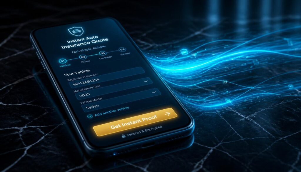 A smartphone displaying a fast, mobile-optimized auto insurance quote form with a gold CTA button, visualizing frictionless UX and mobile conversion.