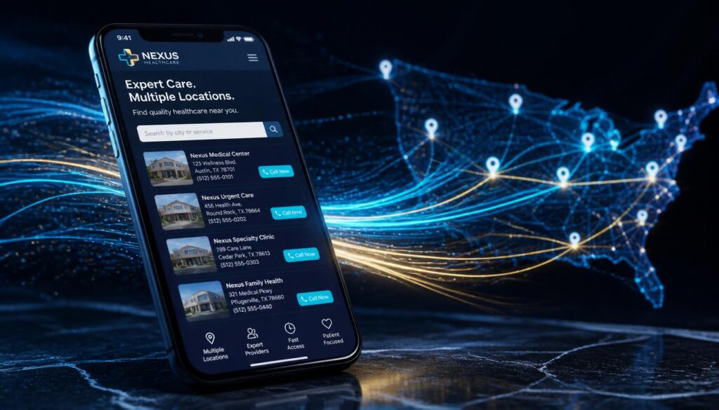 A smartphone showing a mobile-optimized healthcare directory, surrounded by cyan and gold data streams representing mobile SEO and technical optimization.