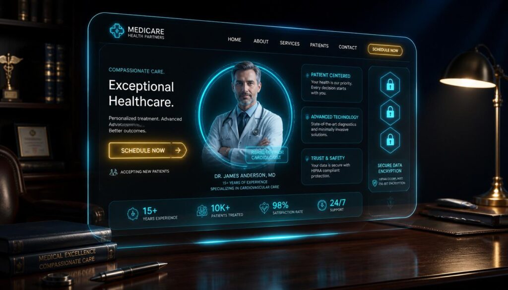 A 3D digital interface with glowing cyan and gold elements, representing modern doctor website design and patient experience features.
