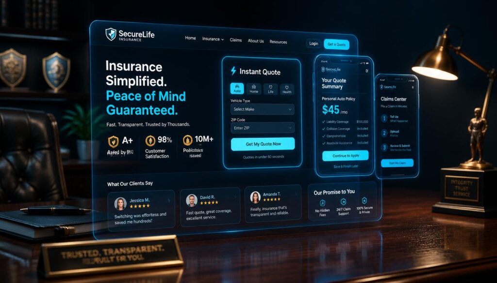 A 3D digital insurance website dashboard glowing with cyan quote modules and gold trust badges, representing modern consumer UX expectations.