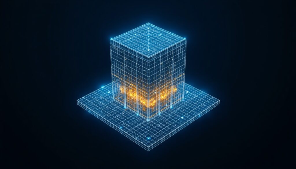A 3D digital wireframe with glowing cyan nodes and gold data locks, representing local SEO architecture and multi-location strategies for healthcare websites.