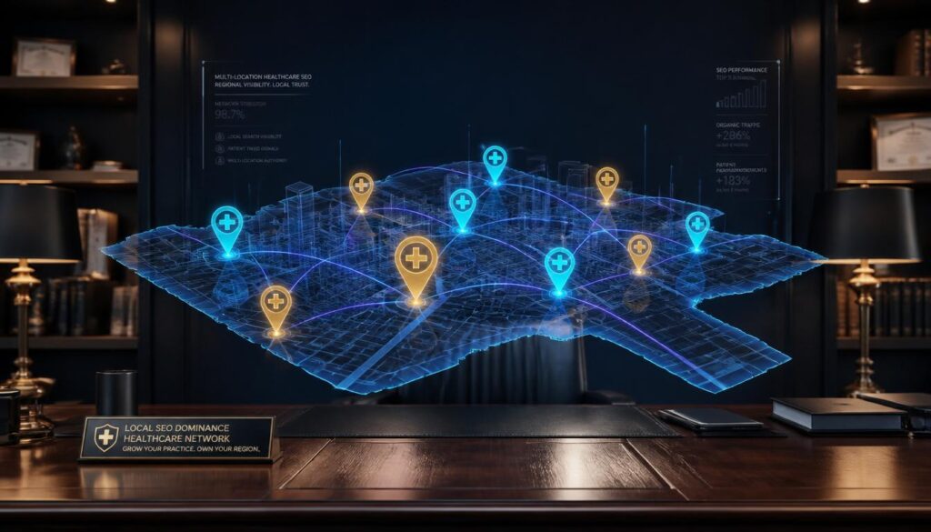 A holographic 3D city map with glowing cyan and gold location pins representing SEO strategies for multi-location healthcare practices.