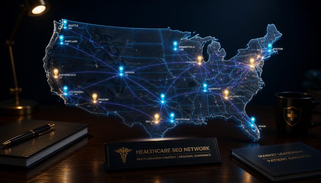 A 3D digital map of the US glowing with cyan and gold location pins, representing multi-location SEO strategies for healthcare networks.