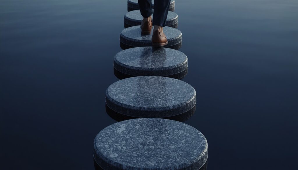 Granite stepping stones across a calm pool, visualizing the steady momentum and ease of multi-step insurance quote forms.