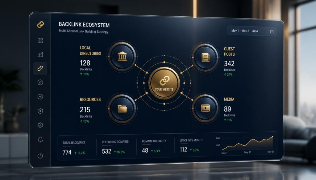 A digital ecosystem of interconnected nodes representing a high-quality backlink strategy for insurance agencies.