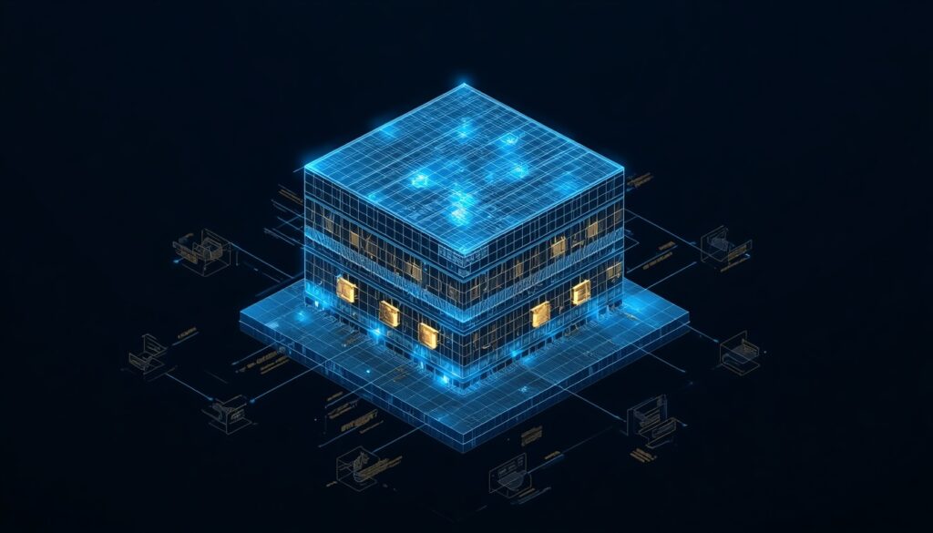 A 3D digital wireframe with glowing cyan nodes and gold data locks, representing off-page SEO networks, backlinks, and digital PR for insurance websites.