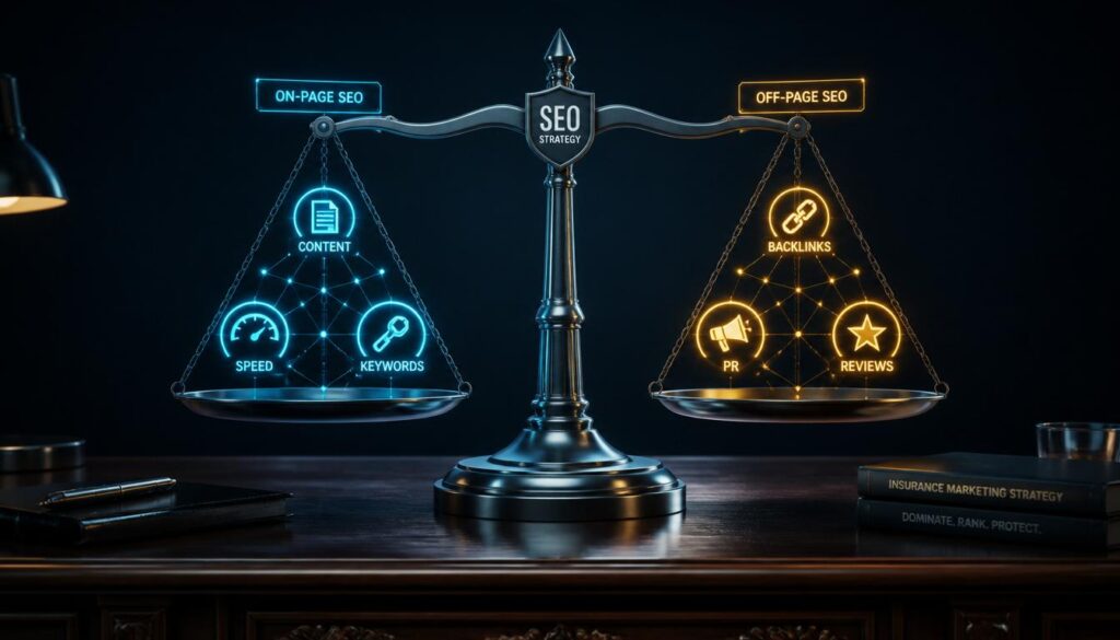 A 3D digital scale balancing cyan and gold data nodes, representing on-page and off-page SEO strategies for home insurance websites.