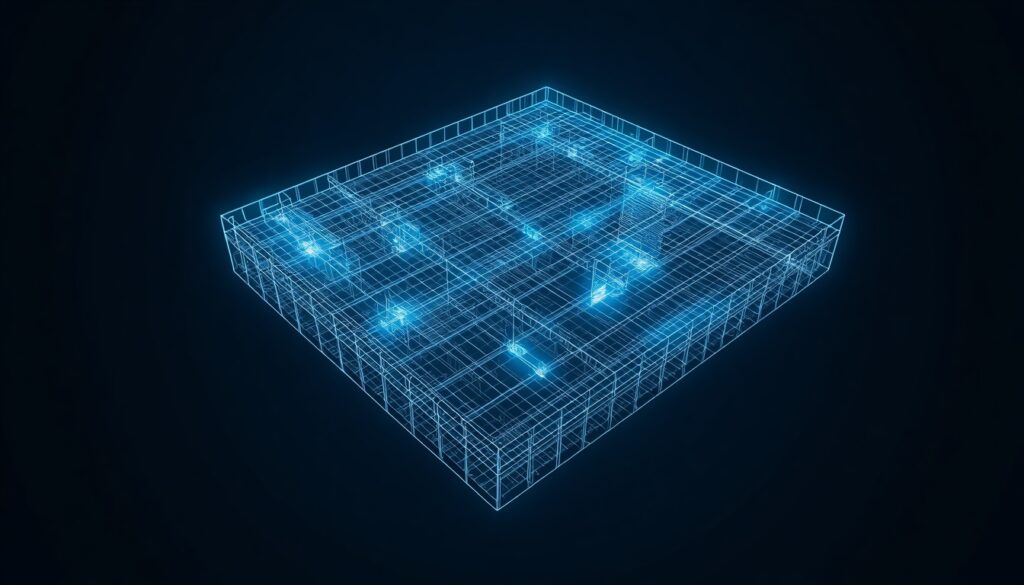 A 3D digital wireframe mapping targeted treatment nodes in cyan and gold, visualizing structured website navigation and SEO architecture for oncology clinics.