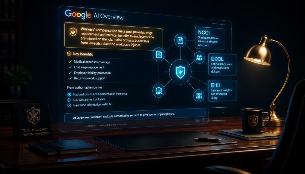 A 3D digital interface with glowing cyan nodes and gold summaries, representing Google AI Overviews and search visibility for insurance companies.