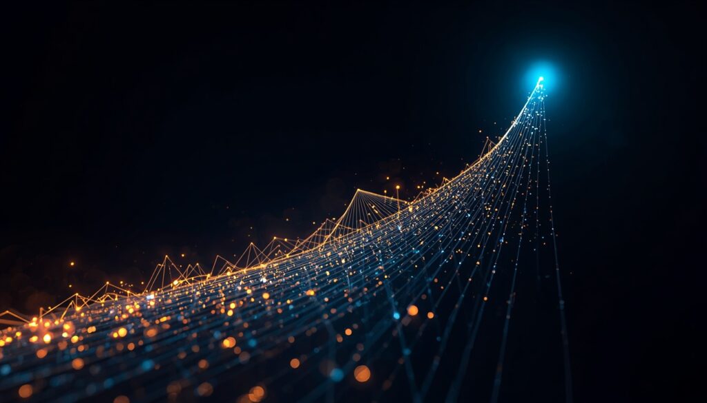 Abstract fiber-optic light trails forming an upward-trending cyan and gold analytics graph, visualizing auto insurance organic traffic growth and sales.