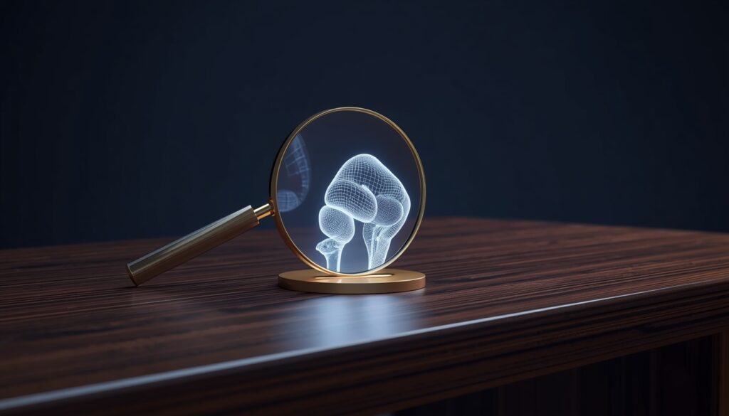 A gold magnifying glass illuminating a 3D digital knee joint in cyan and slate-blue, representing focused SEO strategies for orthopedic clinics on Google.