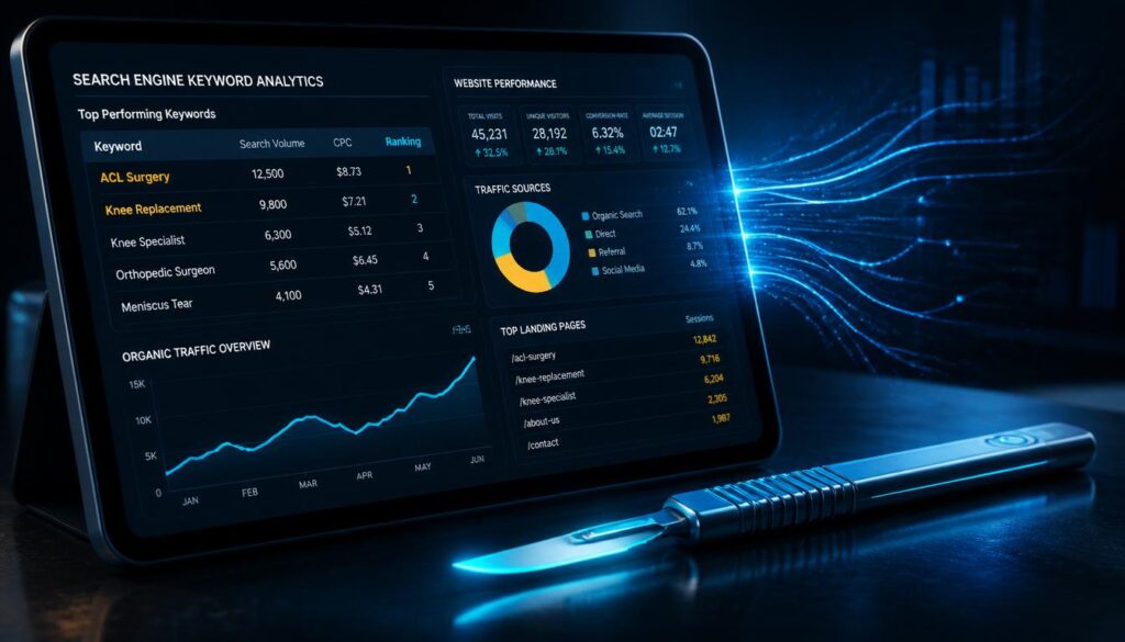 A digital tablet displaying orthopedic keyword analytics and website performance metrics next to a surgical tool, representing technical SEO.