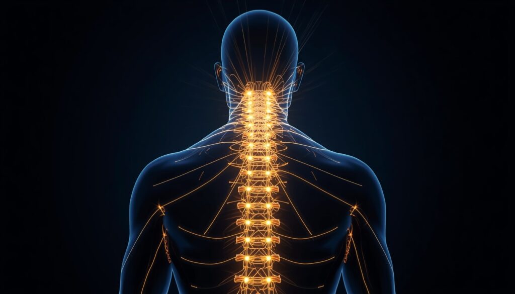 Abstract fiber-optic light trails forming a glowing gold and cyan human spine, representing long-term SEO health and structural search authority for orthopedic clinics.