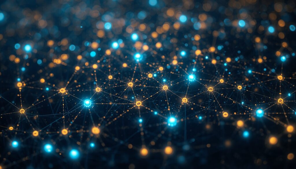 A glowing AI neural network featuring gold and slate-blue energy lines with cyan orthopedic icons, visualizing long-term healthcare SEO growth.