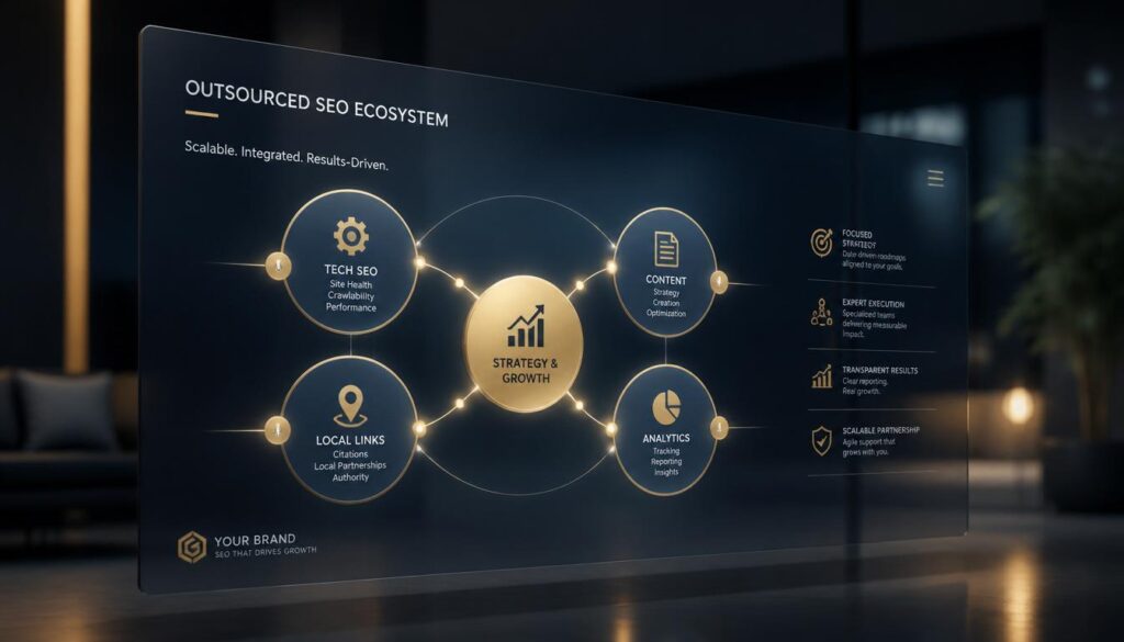 A digital ecosystem of interconnected nodes representing outsourced SEO services for insurance agencies.