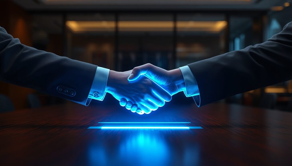 A glowing digital handshake symbolizing outsourced SEO partnerships and growth for property insurance agencies.