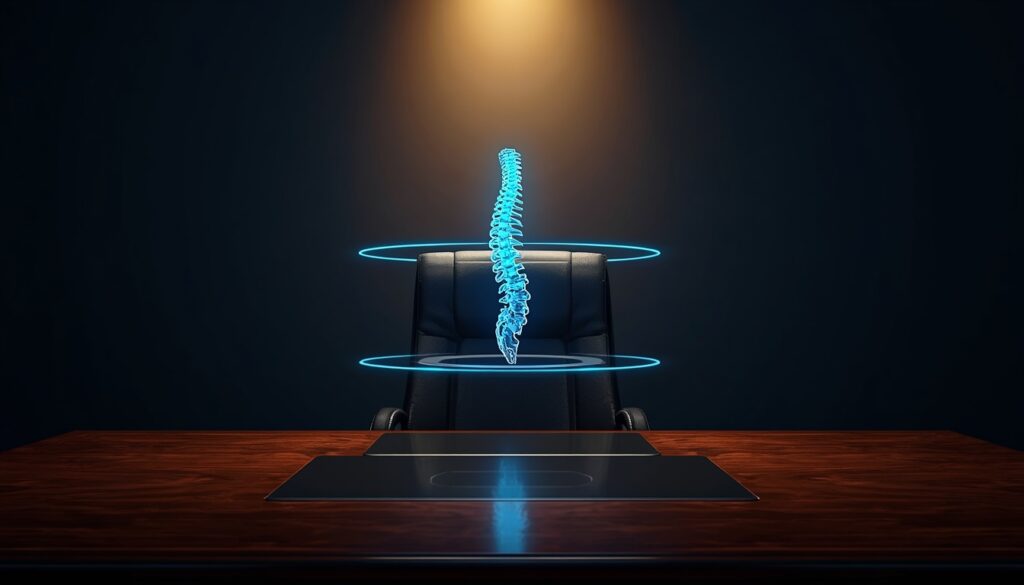 A glowing digital spine model illuminated by a gold spotlight, representing focused SEO strategies and online visibility for pain management clinics.