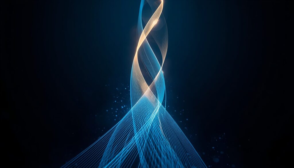 Glowing cyan and gold fiber-optic cables forming a solid pillar of light, visualizing compounding search authority and SEO growth for pain management clinics.