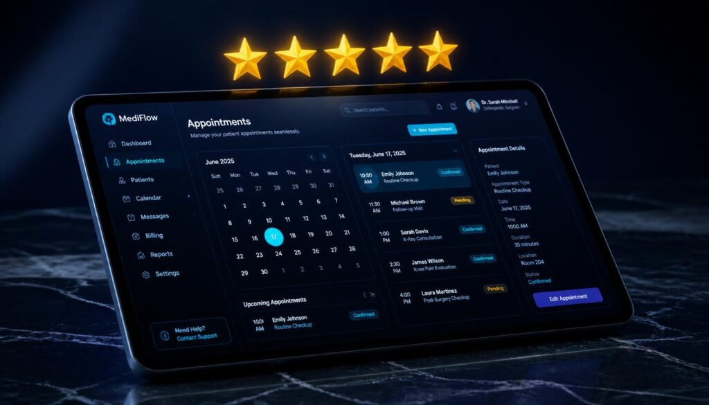 A tablet screen showing an easy appointment scheduling interface surrounded by gold five-star reviews, representing patient trust and website usability.