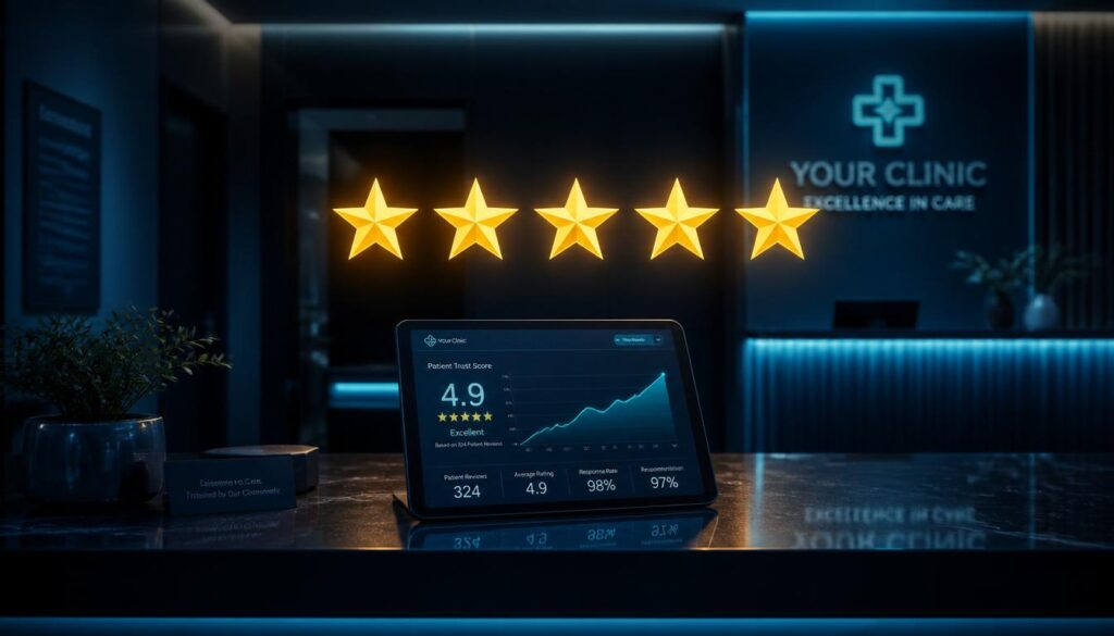 Five glowing gold stars hovering above a modern clinic desk, representing patient reviews and local SEO authority for medical practices.