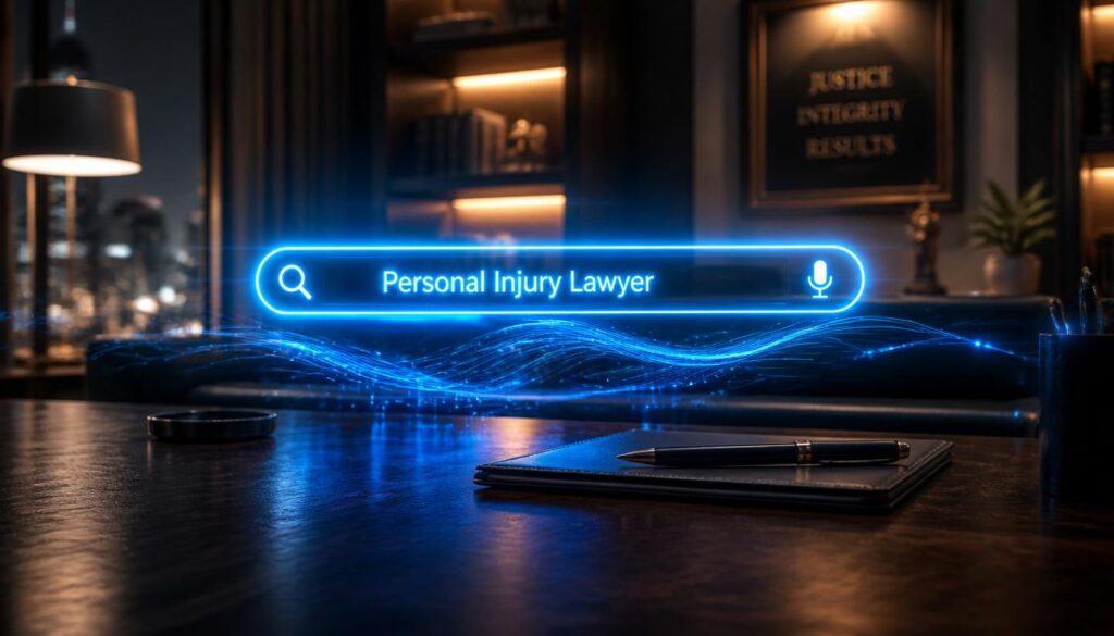 Glowing data nodes on a city map representing local SEO strategies for personal injury law firms.