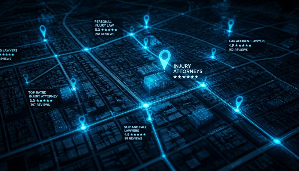 Glowing data nodes on a city map representing local SEO strategies for personal injury law firms.