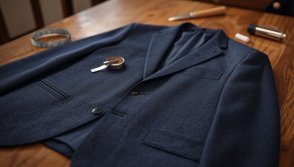 A bespoke suit jacket being measured on a tailor's table, representing perfectly personalized and tailored auto insurance policies.
