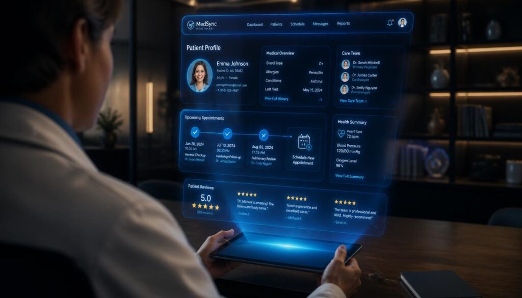 A medical professional reviewing a holographic dashboard displaying gold and cyan patient profiles and scheduling nodes, representing personalized care and user-friendly website experience.