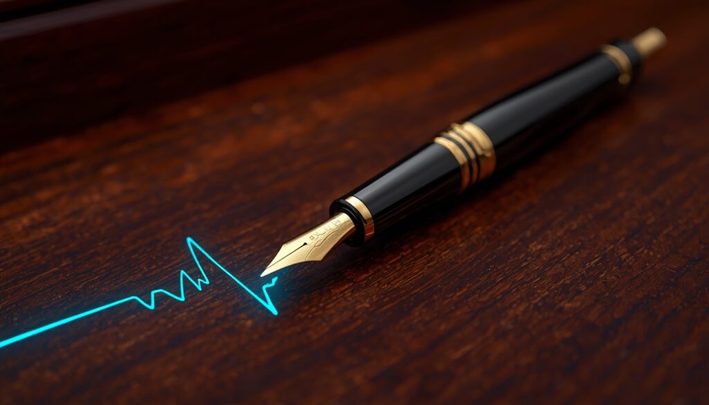 A gold fountain pen drawing a glowing cyan heartbeat wave, representing how physicians build trust through content marketing.