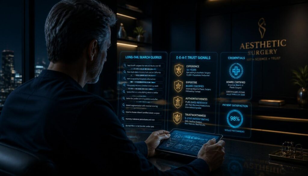 A surgeon reviewing a holographic dashboard displaying gold and cyan long-tail keywords, representing E-E-A-T trust and content marketing.
